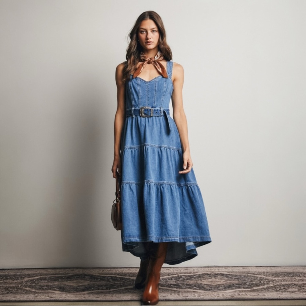 Forte Denim Blue Tiered Maxi Dress with Belt
